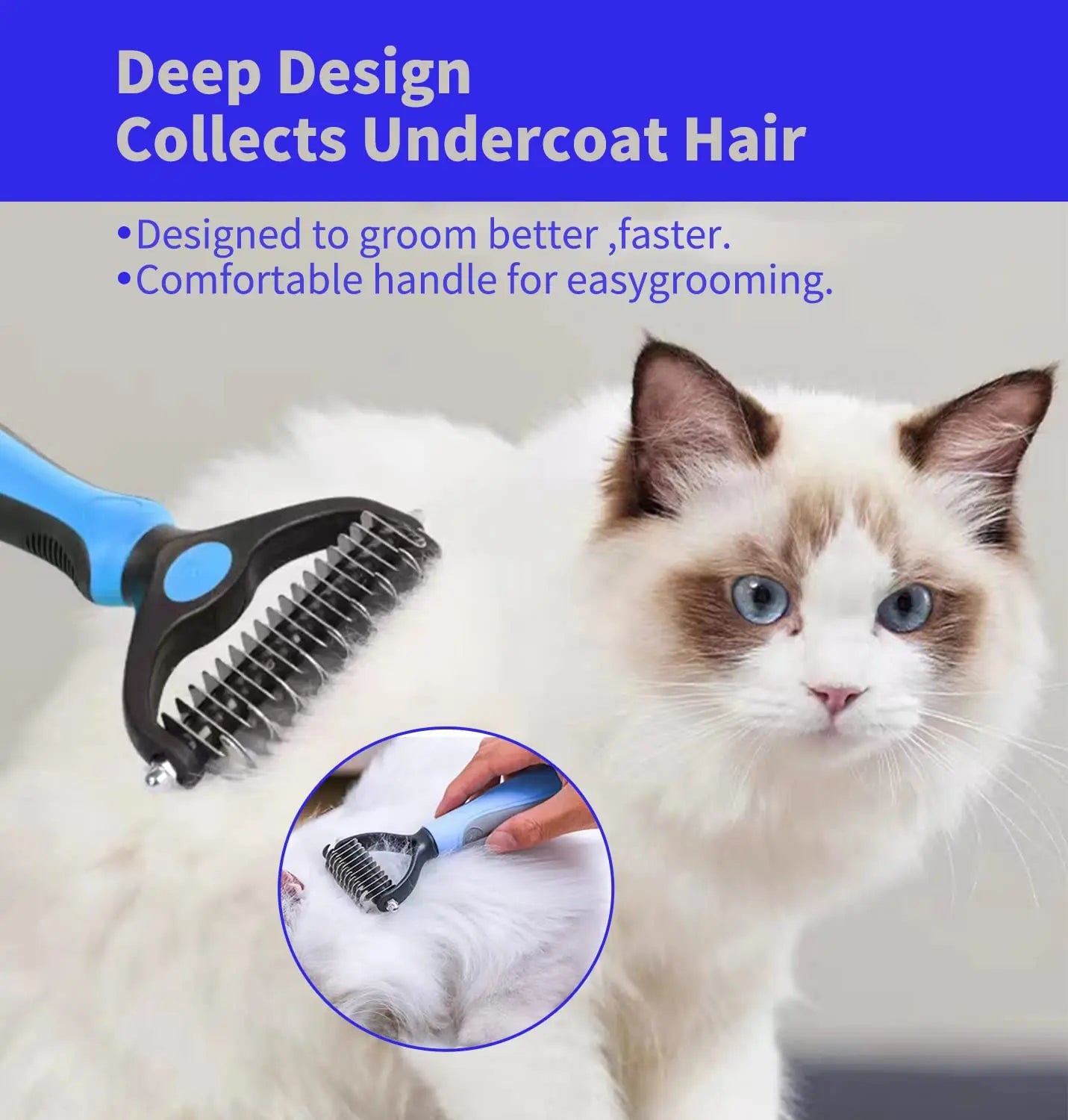 Cat being groomed with a grooming brush, text highlighting features on a blue background