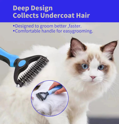 Cat being groomed with a grooming brush, text highlighting features on a blue background