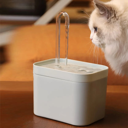 Cat drinking water from a white pet fountain on a wooden surface.