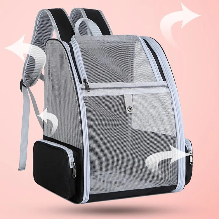 Pet carrier backpack with mesh sides on a pink background