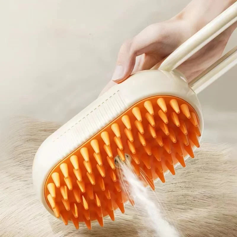 Person using a pet grooming brush with orange bristles on a pet's fur.