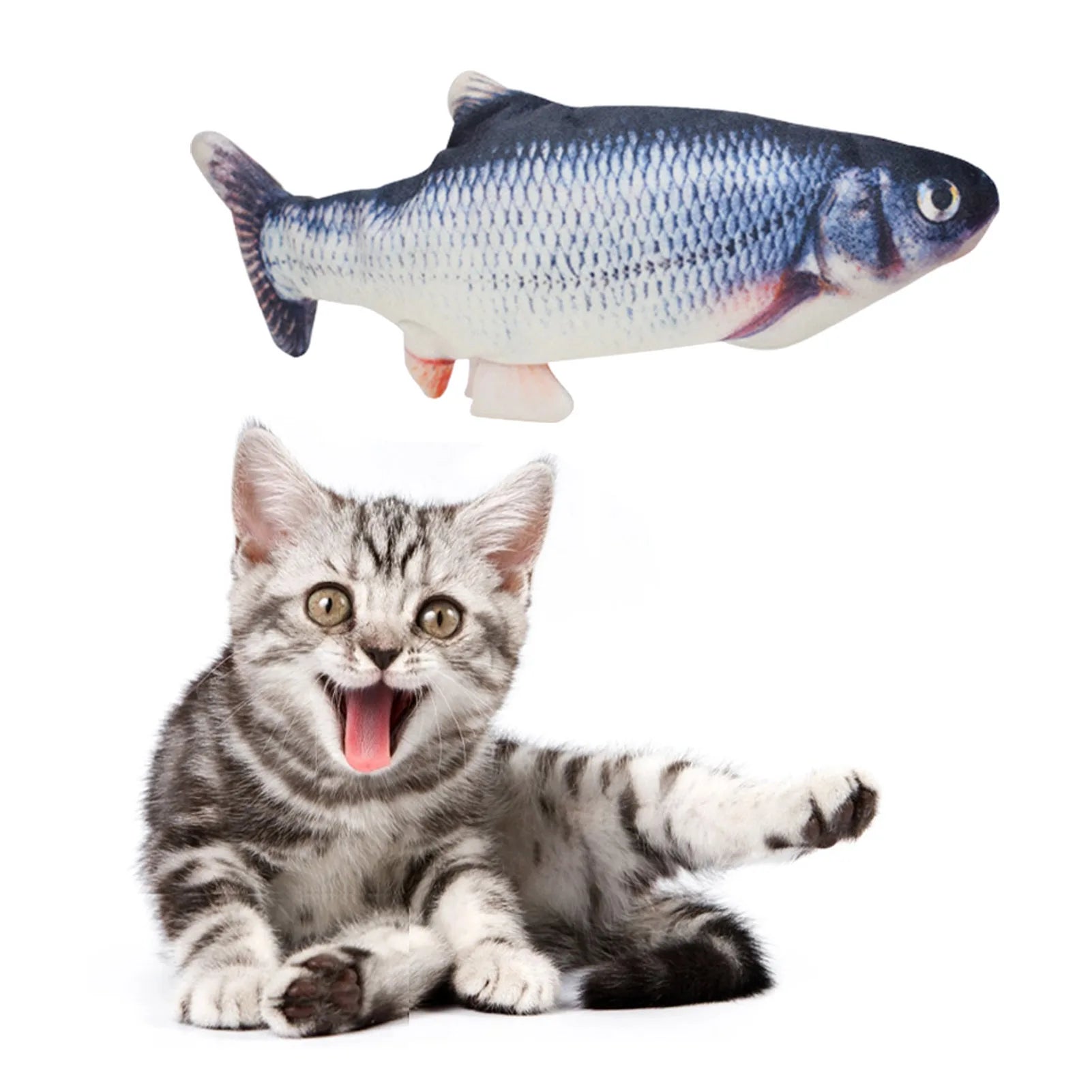 Cat playing with a fish-shaped toy on a white background