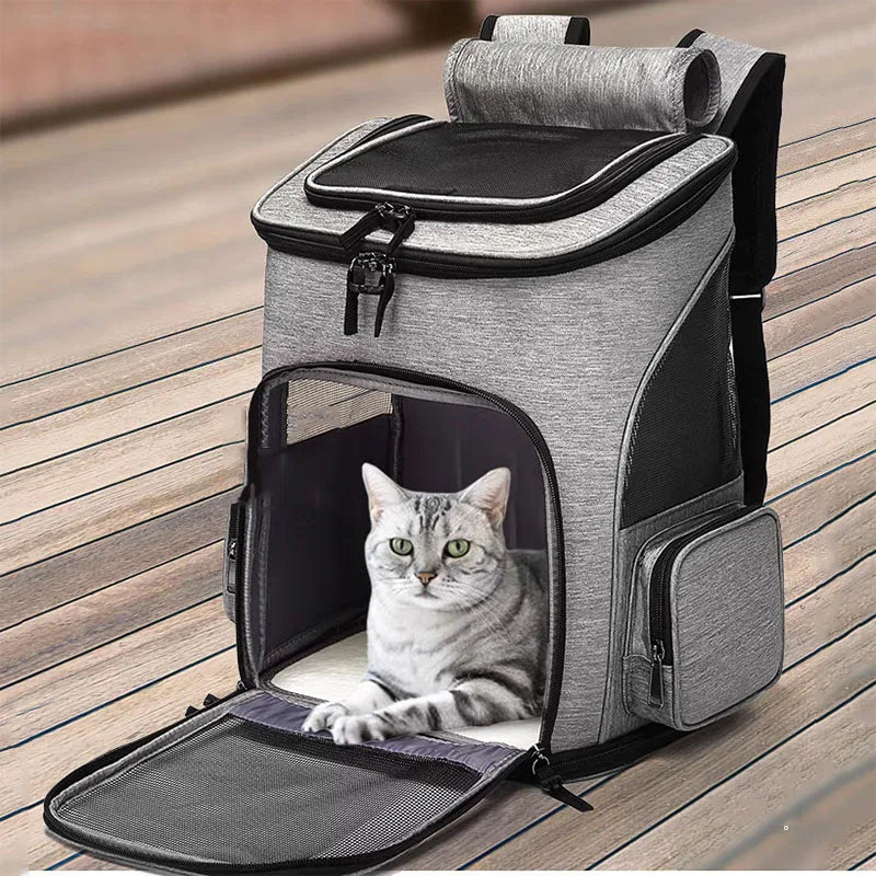 Gray pet carrier with a cat inside on a wooden deck