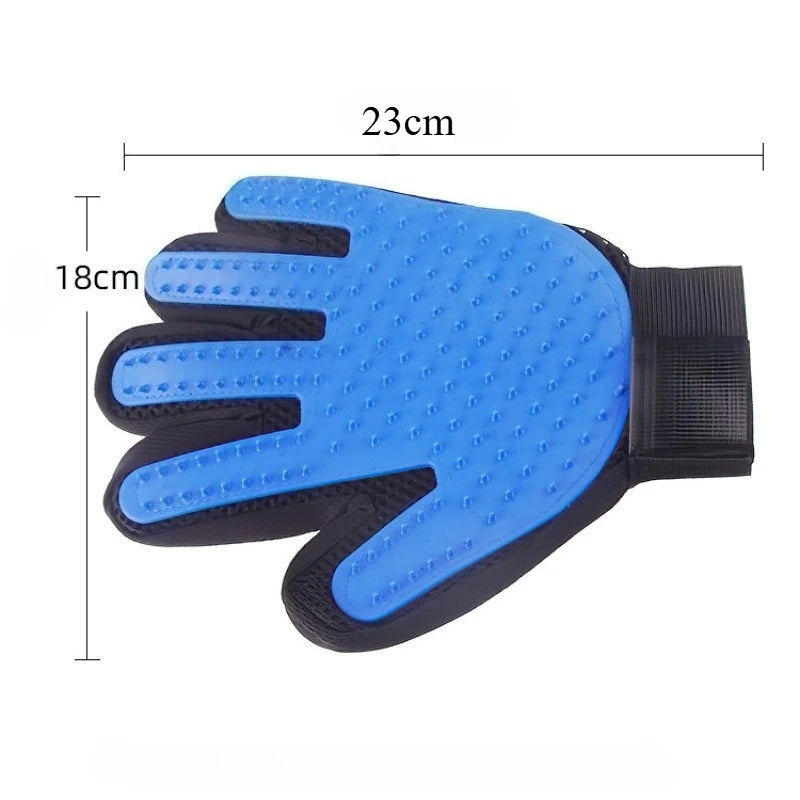 Blue grooming glove with measurements on a white background