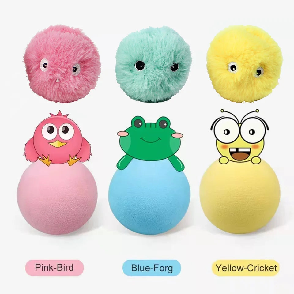 Set of colorful plush toys shaped like a bird, frog, and cricket on a white background