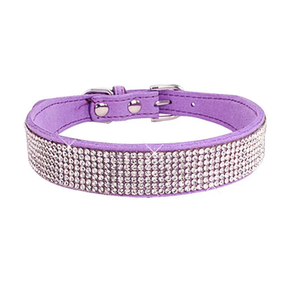 Purple dog collar with rhinestone embellishments on a white background