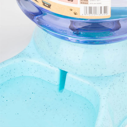Blue pet water bowl with a label on a white background