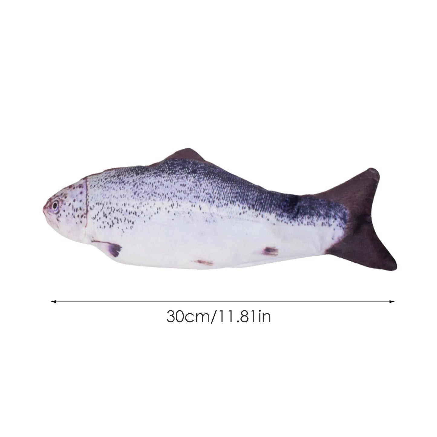 Fish-shaped toy with measurement details on a white background