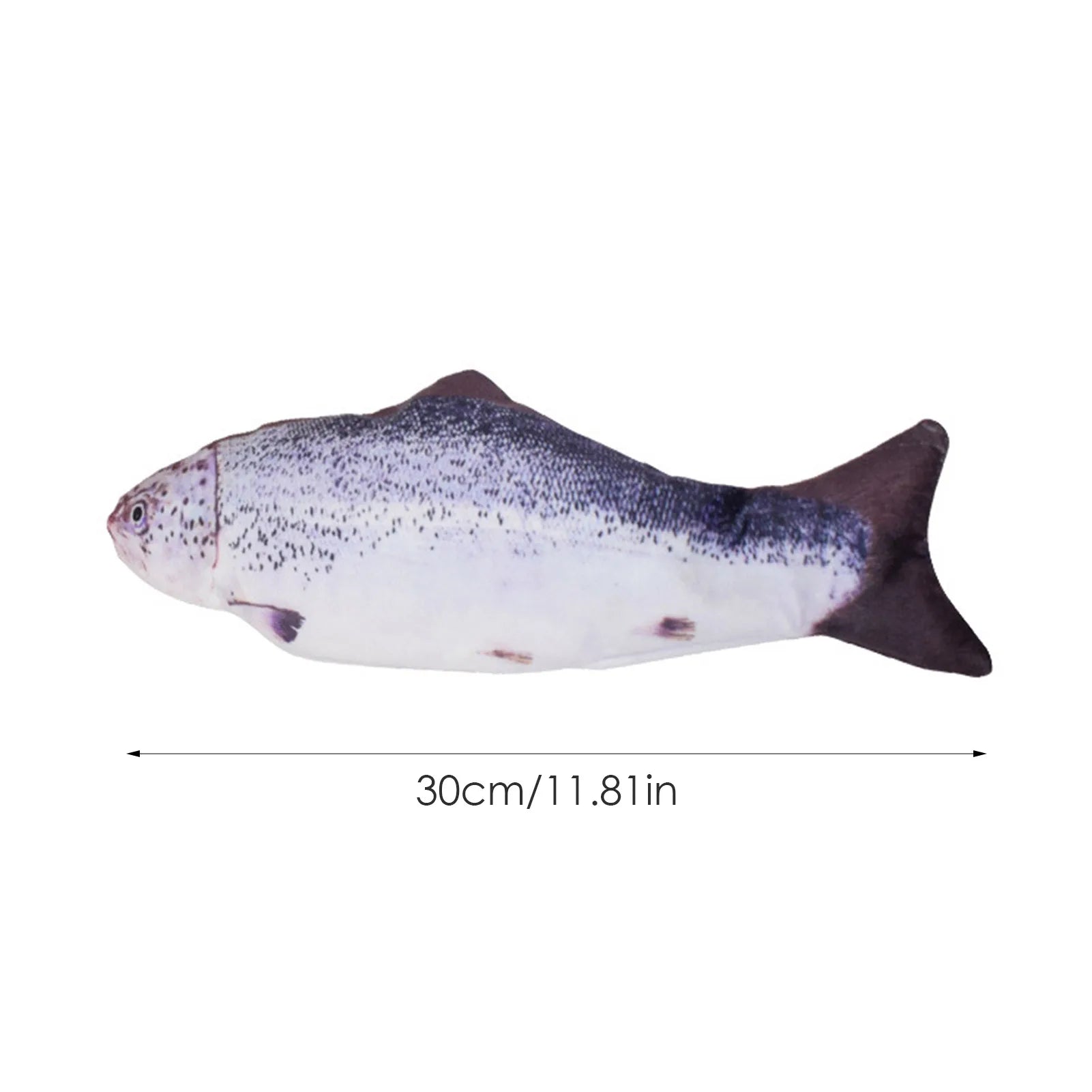 Fish-shaped toy with measurement details on a white background