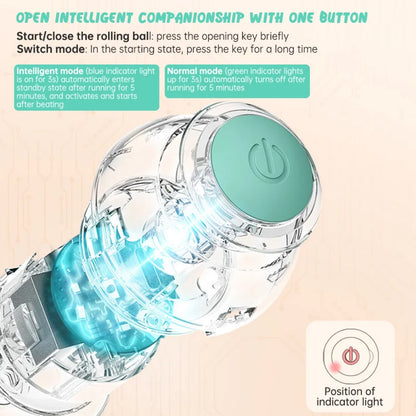 Clear and blue handheld device with a button and indicator light on a beige background