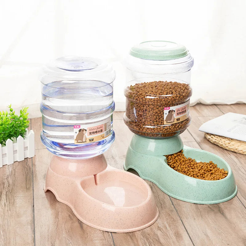 Pet water bottle and food bowl set on a wooden floor with a white background