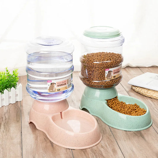 Pet water bottle and food bowl set on a wooden floor with a white background