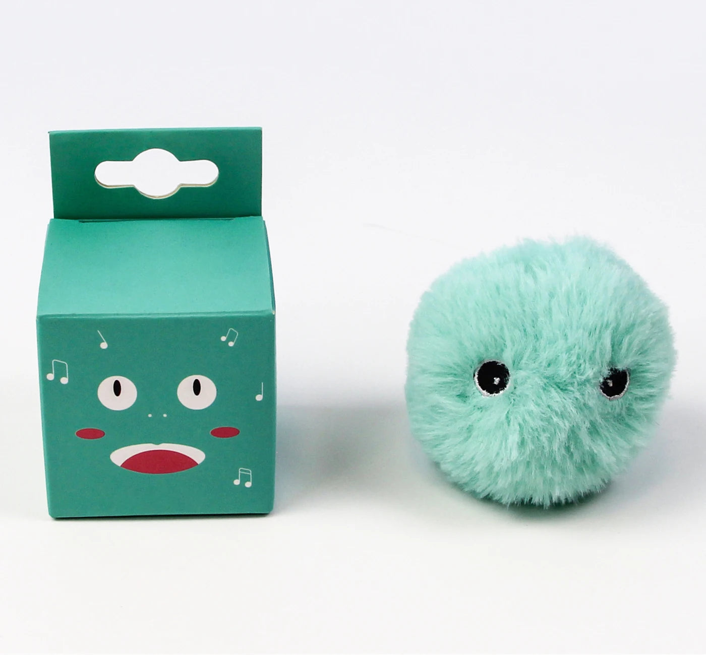 Teal plush toy with a matching box on a white background
