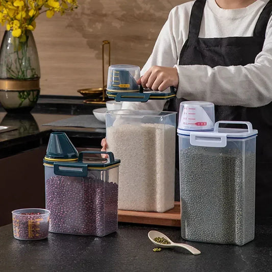 Person in a kitchen with large food storage containers and measuring cups.