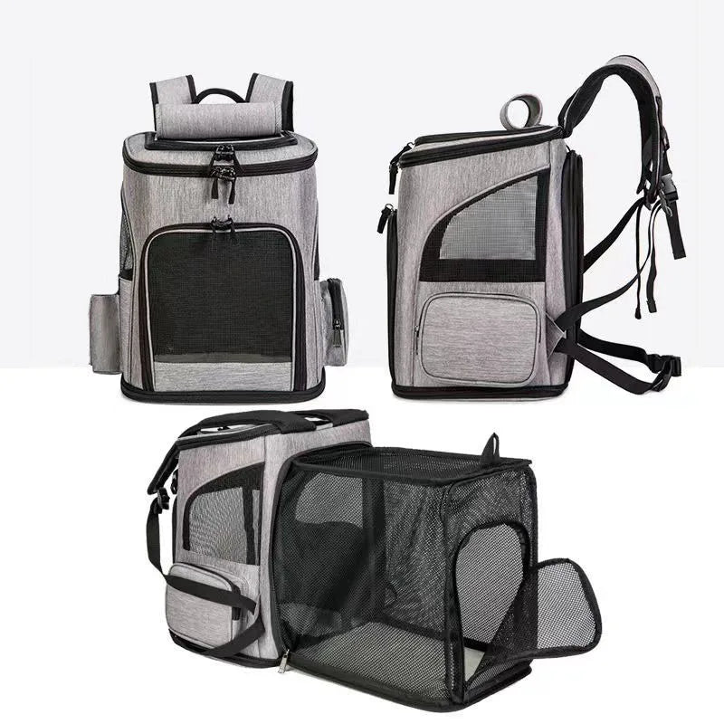 Gray pet carrier backpack with multiple angles on a white background