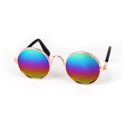 Round sunglasses with a multicolored lens on a white background