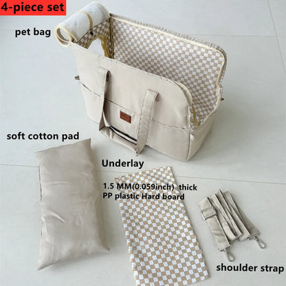 4-piece set including a pet bag, soft cotton pad, underlay, and shoulder strap on a white background.