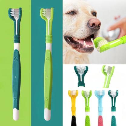 Collage of dog toothbrushes in various colors with a dog being brushed.