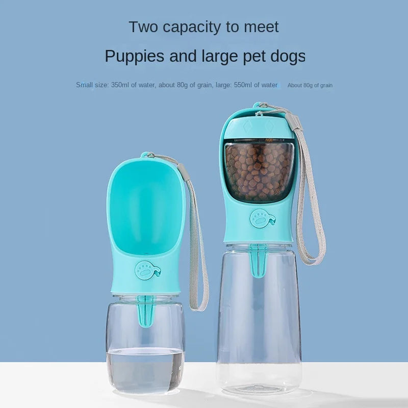 Pet water bottle with two capacity options for puppies and large pets on a light blue background.