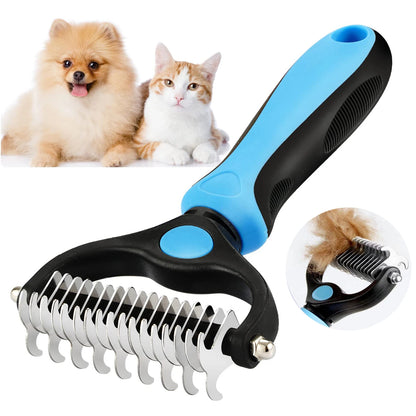 Pet grooming brush with blue handle and metal teeth, featuring a dog and cat on a white background.