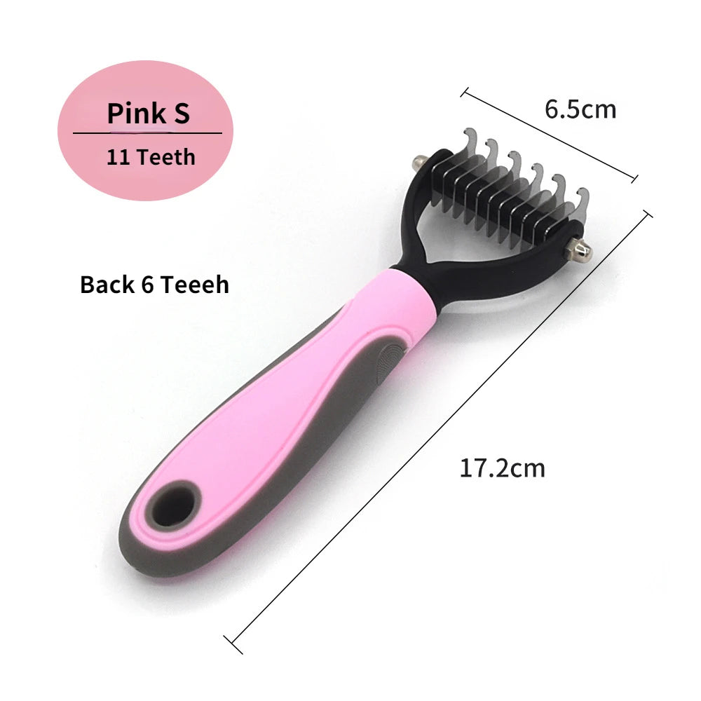 Pet grooming brush with pink handle and black bristles, labeled 'Pink S 11 Teeth' and 'Back 6 Teeeh', on a white background.