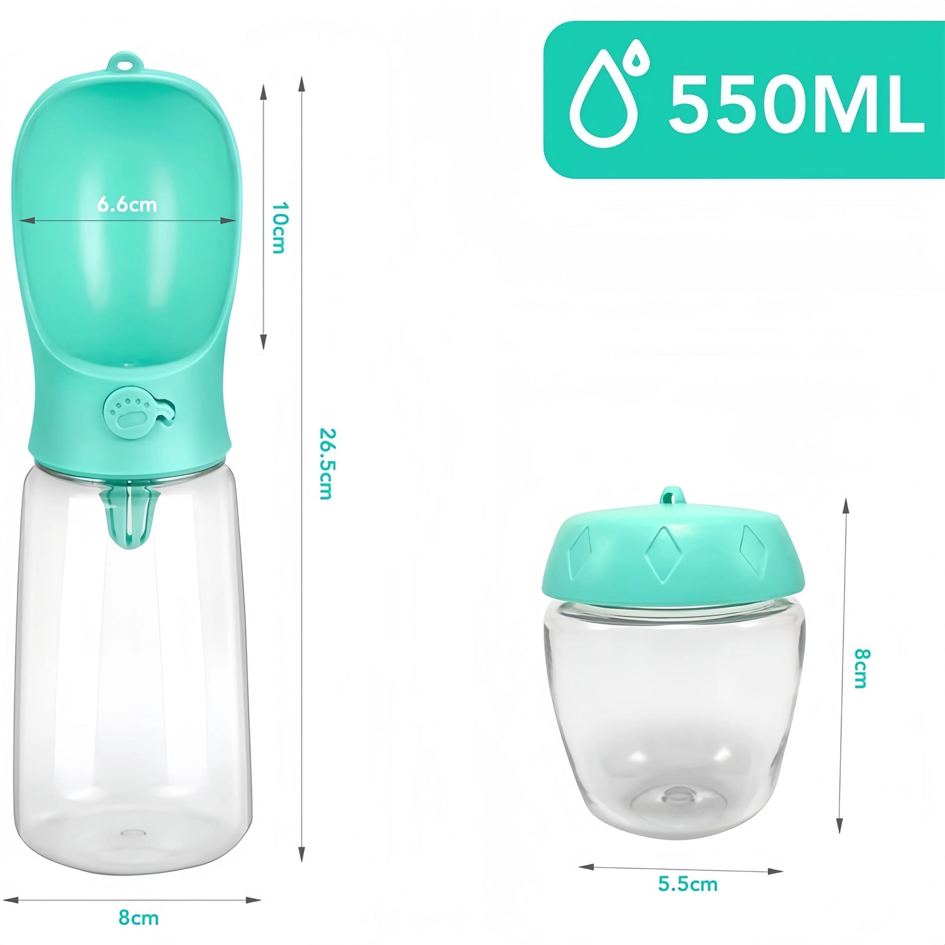 Teal pet water bottle with measurements on a white background