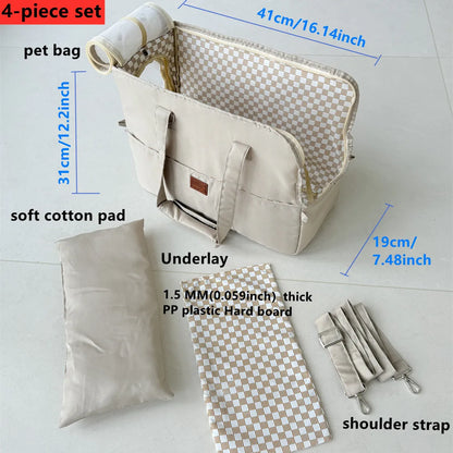 4-piece pet bag set with measurements and components on a white background
