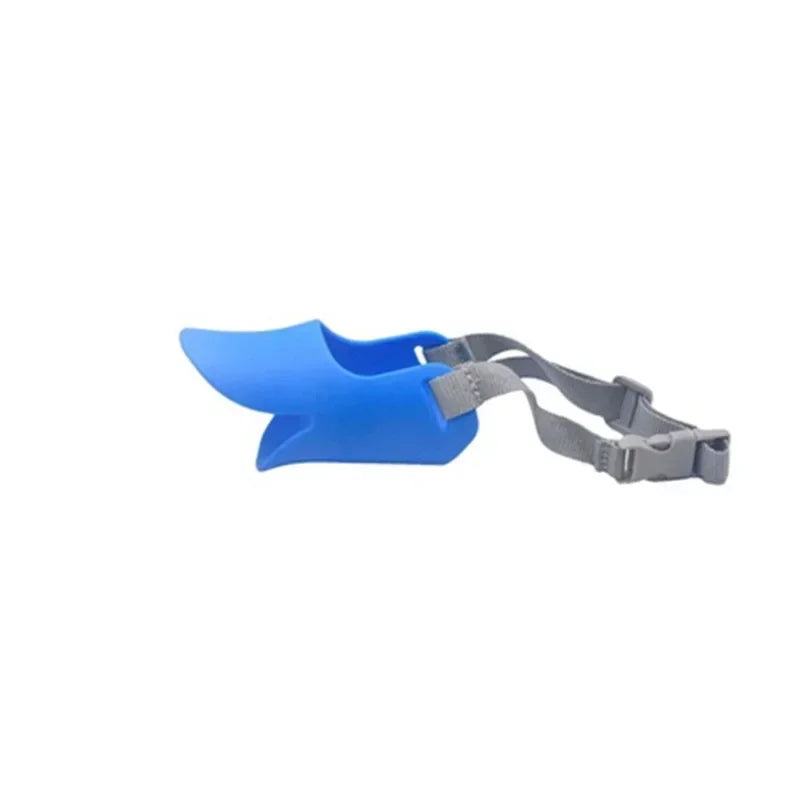 Blue dog muzzle with gray strap on a white background
