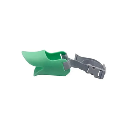 Green plastic boot with gray strap on a white background