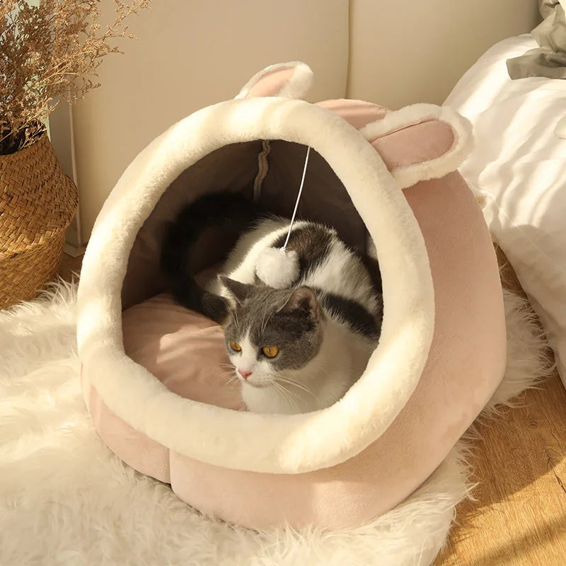 Cat lying inside a pink pet bed with bunny ears on a soft surface.