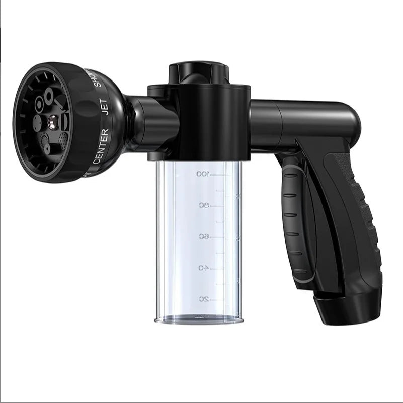 Black and gray spray gun with adjustable nozzle on a white background