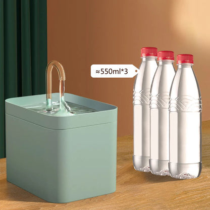 Green water dispenser with three 550ml water bottles on a wooden surface.