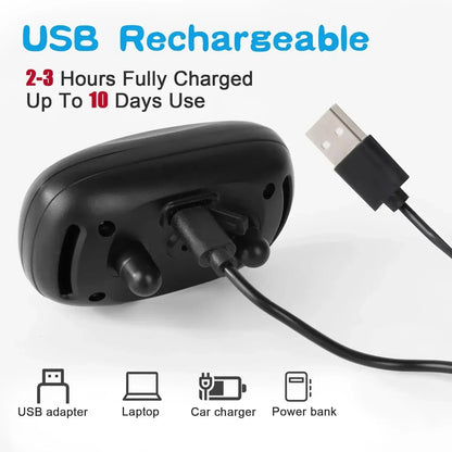 Black USB rechargeable device with charging cable on a white background