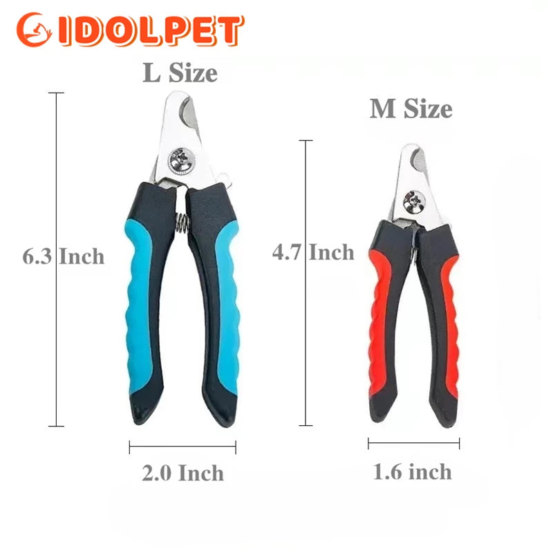 Two pairs of pet nail clippers with measurements labeled, branded 'IDOLPET'.
