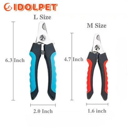 Two pairs of pet nail clippers with measurements labeled, branded 'IDOLPET'.