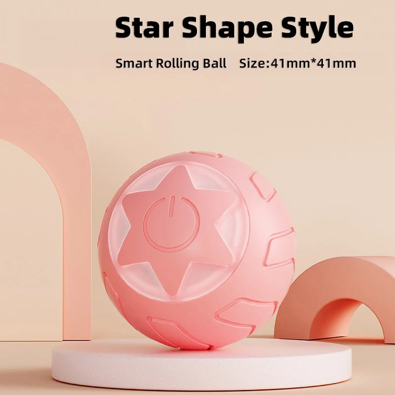 Pink star-shaped smart rolling ball on a beige background with text indicating size.