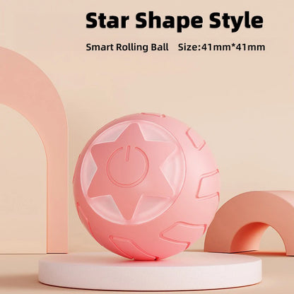 Pink star-shaped smart rolling ball on a beige background with text indicating size.