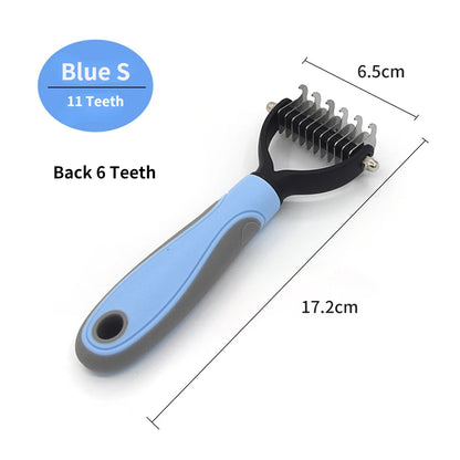 Pet grooming brush with blue handle and measurements on a white background