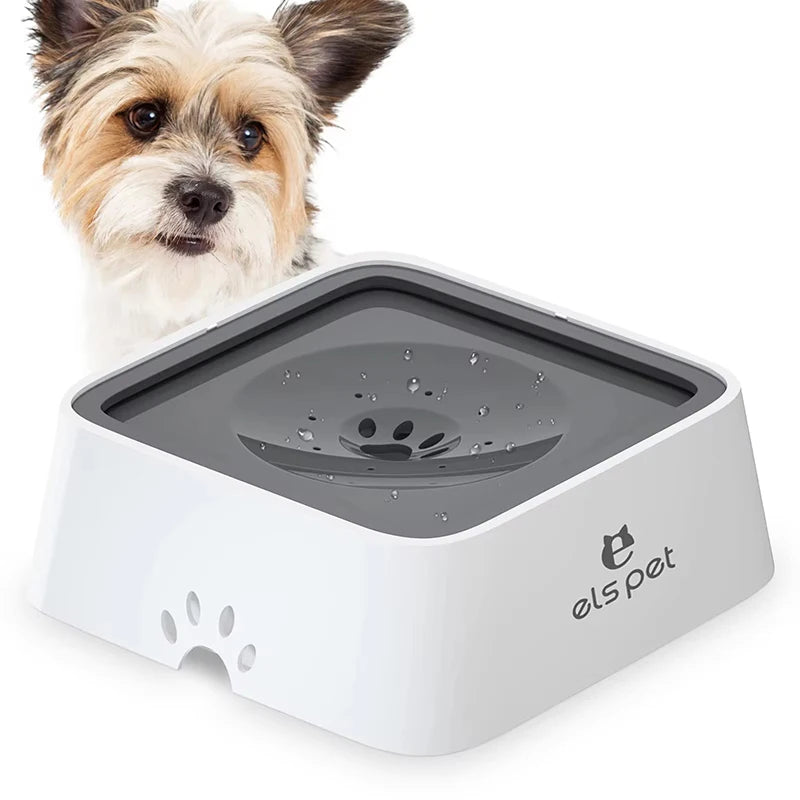 Dog next to a white and gray pet water bowl with 'els pet' branding on a white background
