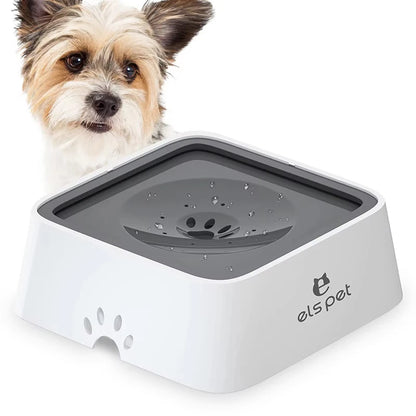 Dog next to a white and gray pet water bowl with 'els pet' branding on a white background