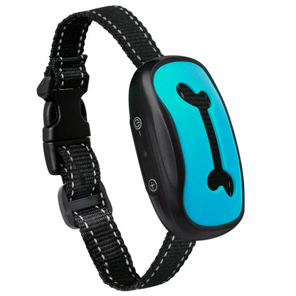 Black dog collar with a blue electronic device featuring a bone symbol on a white background
