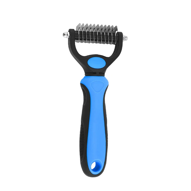 Pet grooming tool with blue handle and black brush on a white background