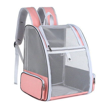 Pet carrier backpack with pink accents on a white background