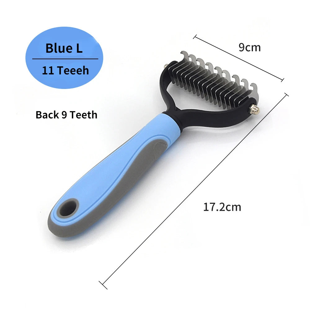Pet grooming brush with blue handle and black bristles, labeled 'Blue L 11 Teeeh' and dimensions shown.