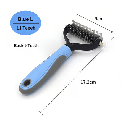 Pet grooming brush with blue handle and black bristles, labeled 'Blue L 11 Teeeh' and dimensions shown.