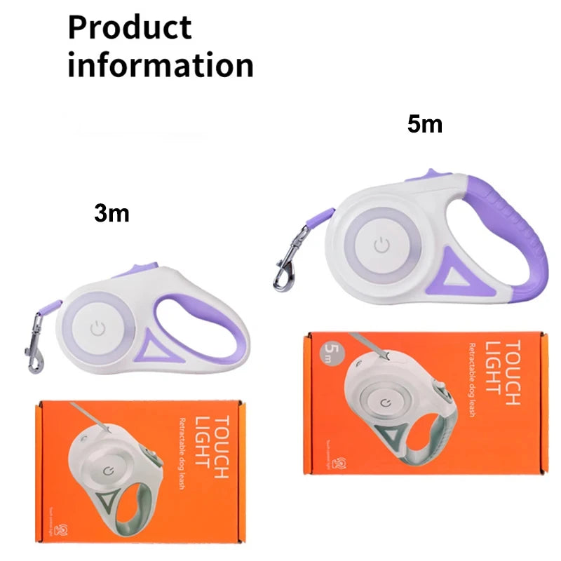 Retractable dog leash with purple accents and packaging on a white background