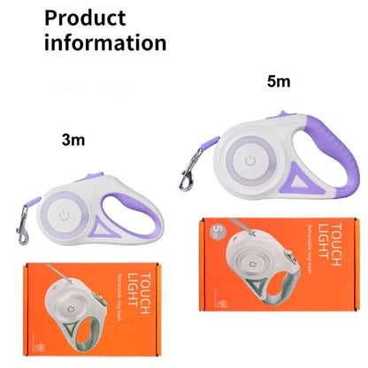 Retractable dog leash with purple accents and packaging on a white background