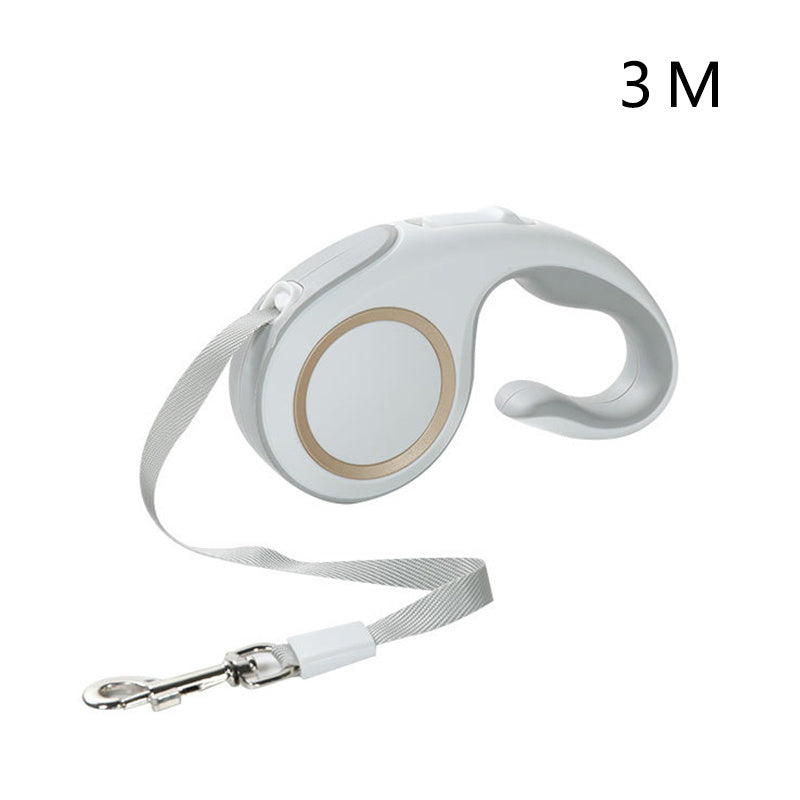 Retractable dog leash with white handle and silver clip on a white background