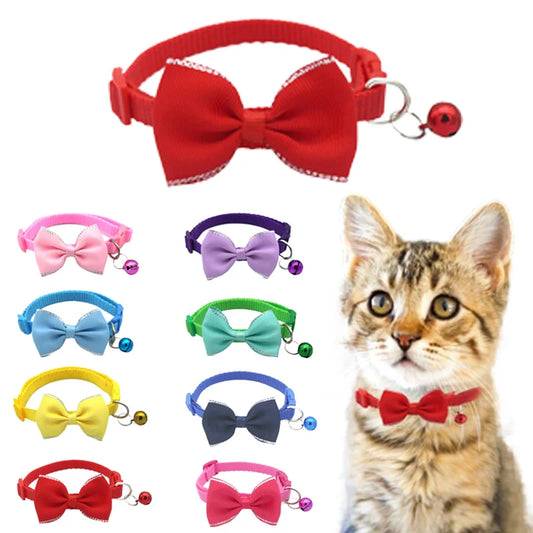 Collection of colorful bow ties for pets with a cat wearing a red bow tie.